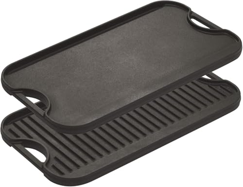 Lodge Pro-Grid Reversible Grill/Griddle - 20 Inches x 10.5 Inches - Dual-Sided Cast Iron Griddle - Double Burner Grill - Even Heat Distribution - PFAS-Free Non-Toxic Cookware