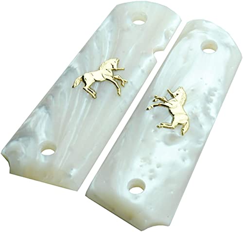 Altamont 1911 Grips - White Pearl - Full Size 1911 Grips W. Ambi Safety Fits Most Commander, Standard & Government 1911 Models - Made In Usa - White With Gold Colt #TOP2
