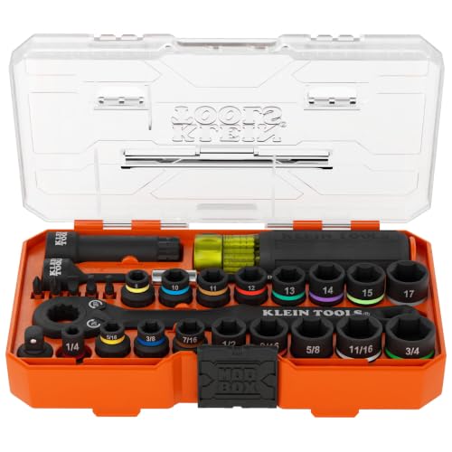 Klein Tools 65400KNECT KNECT Essential Pass Through Impact Socket Set, SAE and Metric, 90-Tooth Ratchet, MODbox Case, 3/8-Inch Drive, 28-Piece