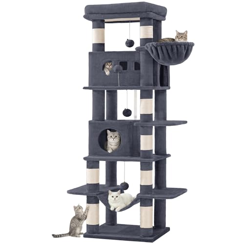 Hzuaneri 170 cm Grand Arbre à Chat, Tour à Chat pour Chats d'intérieur, avec Grand Perchoir, Tapis Lavable, 2 Niches Chats, 8 Griffoirs, Hamac, Pompons,...