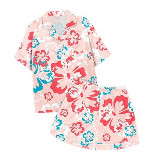 Graphic Button Down Satin 𝐏ajamas Set Girls Short Sleeve Top Shorts 𝗦leepwear Trendy Hawaii Holiday 𝗡ightwear2