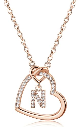 LIHELEI Collana Donna Argento, S925 Argento 26 Lettera Maiuscola Con Zirconi Collana Moglie Mamma Fidanzata Compleanno Natale Anniversario Festa Della Mamma Gioielli Donna Regalo - N(Oro rosa)