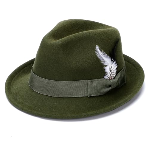 Ultrafun Fedora Hats for Men Women Short Brim Felt Winter Hat Panama Dress Fedora Hat (Feather-Green)