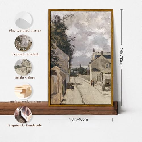crmotu Framed Canvas Wall Art, Country Street Landscape Art Prints, Old Architecture Vintage Decor Pictures, Retro Scenery Wall Paintings for Living Room Bedroom Kitchen Rustic Farmhouse Decor 16x24in