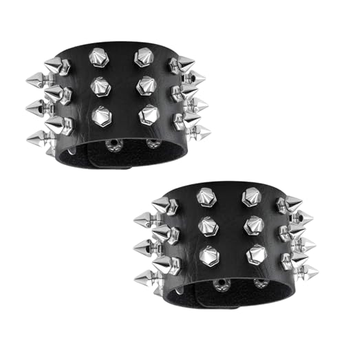 Fenglin-joy Punk Rock Armband, 2 Stück Punk Armband Nieten Gothic Punk Nietenarmband PU Lederarmband für Männer Frauen Größe einstellbar (Schwarz)