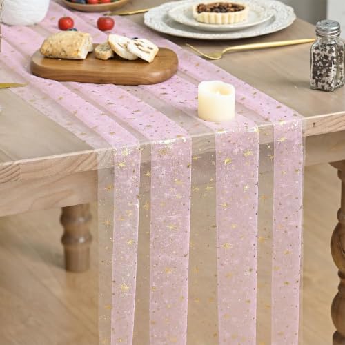 Artoid Mode Gold Stars Pink Gauze Table Runner 120 Inch 10FT, Reversible Glitter Sheer Dining Wedding Holiday Birthday Table Decor for Home Party