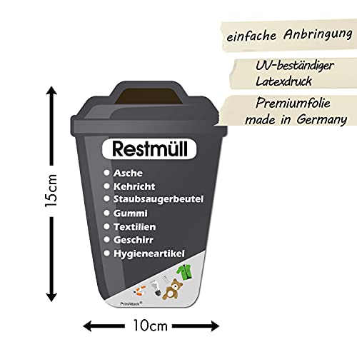 P038 PrintAttack Mülltrennung Aufkleber Set Deutsch oder Englisch für Mülltonne, Vinyl, verschiedene Größen Kratz, Wetter & UV-Schutz für innen und außen Plastik Glas Papier Restmüll Bio (V1_6er Set)