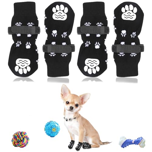 4 Piezas Calcetines Antideslizantes para Perros Interiores Calcetines para Perros con Correas Ajustables Calcetines Antideslizantes Control de Tracción para Interiores para Perro Pequeño Negro (S)