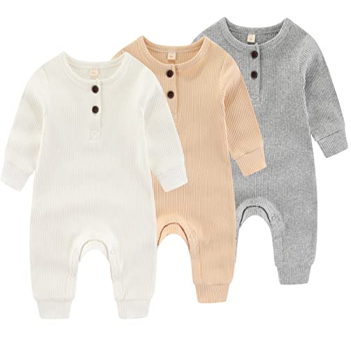 Image of IADOER Newborn Baby Boys Girls One Piece Romper With Mitten Cuffs 3 Pack Long Sleeve Ribbed Button Jumpsuit Outfit Clothes