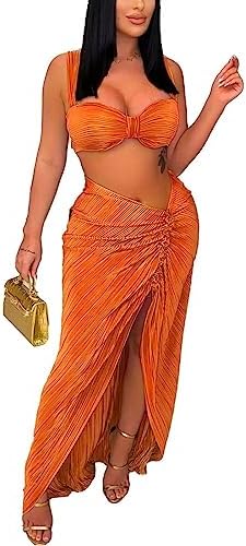 Alicharm Women’s Sexy 2 Piece Outfits Cami Crop Top and Ruched Split Thigh Skirt Set