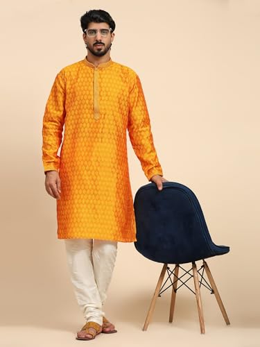 Image of AMAZON BRAND - Aanrva Men's Silk Blend Kurta Pajama Set | Traditional Indian Ethnic Wear for Wedding, Festival, Puja & Party