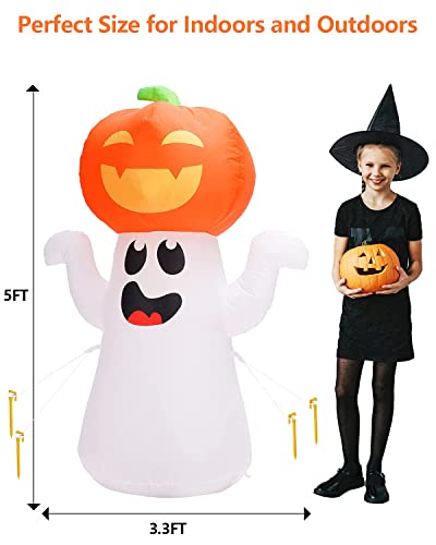 Zukakii 5Ft Halloween Decorations Inflatable Pumpkin Ghost Built-In 360° Rotating Magic Colorful Led Lights, Halloween Blow Up Cute Decor Clearance For Indoor Outdoor Home/Holiday/Party/Yard/Lawn #TOP2