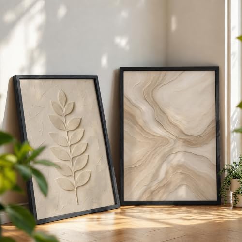 Image of NoWorries Minimal Leaf Wall Painting Set of 2 with Frame | Neutral Beige Botanical Leaf & Abstract Marble Texture Artwork, Modern Nature Wall Decor for Living Room, Bedroom, Office and Home Decoration (Art-14, 21x31inch)