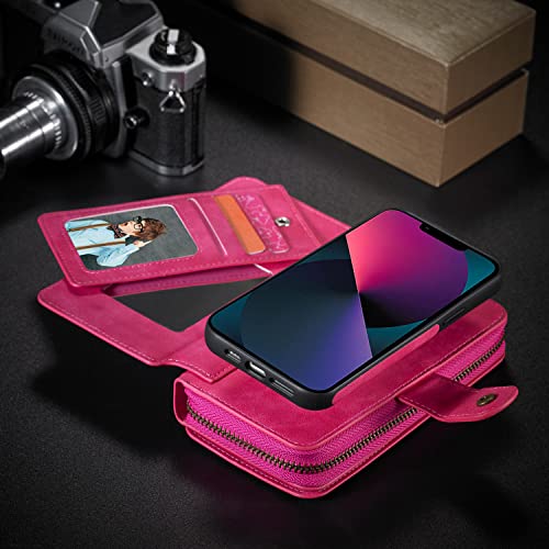 Urvoix Wallet Case For Iphone 13 Pro Max, Premium Leather Zipper Flip Cover With Strap, Detachable Removable Magnetic Case With Card Holder Phone Case For Iphone 13 Pro Max(6.7-Inch Display), Pink #TOP4