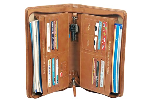 Image of Sukeshcraft Multiple Cheque Book Holder | Original PU Holds Upto 8 Cheque Books, Locker Key Hook, 2 Photo Slots, 1 Pin-Sim Slot, 13 Credit /Debit Card Slots with Matching Zipper (PU -Deep Tan)