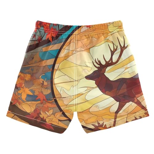 Boys Quick Dry Swim Trunks with Pockets Stained Glass Maple Leaf Deer Beach Shorts for Kids Toddler Swimsuit2