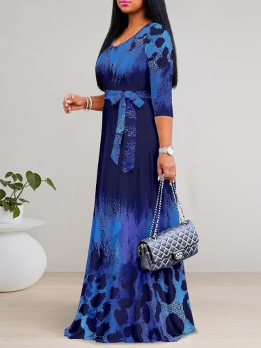 Image of PinkPatty Plus Size Maxi Dress for Women Casual V Neck 3 /4 Sleeve Boho Printed Long Dress with Pockets