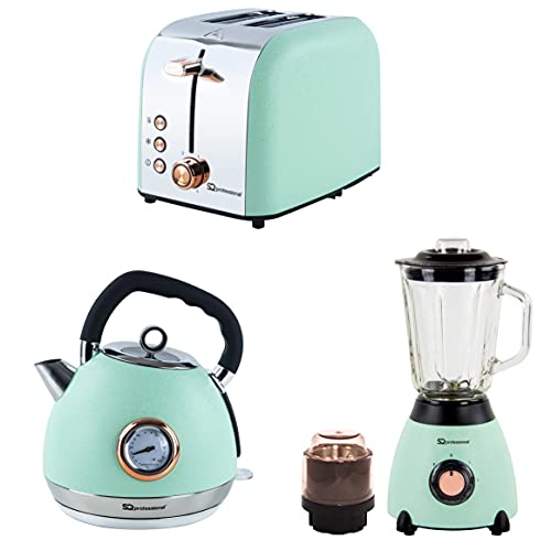 SQ Professional Epoque 3pc Breakfast Set -Kettle with Rose Gold Accents -Temperature Display -2 Slice Toaster with Rose Gold Accents, High-Lift, Wide Slots (Green)