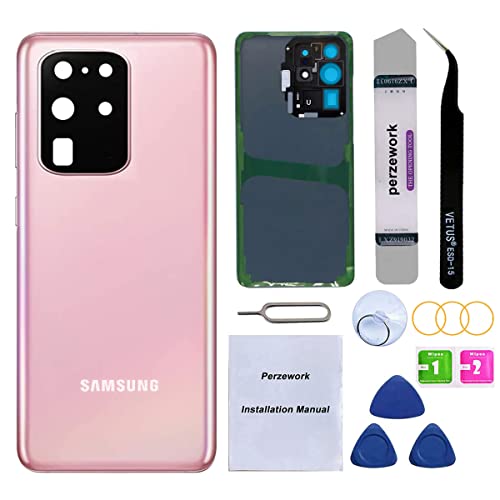 Perzework OEM Rear Back Glass Replacement for Samsung Galaxy S20 Ultra 6.9 inches 5G with Reparing Toolkit and Pre-Installed Adhesive (Cloud Pink)