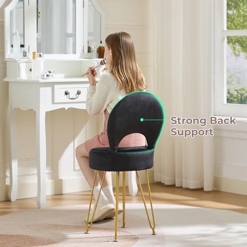 RUCUKEN Velvet Black Small Vanity Chair & Stool - 13" Dx13 W Folding Back Storage Ottoman, Anti-Slip Golden V-Leg for Bedroom Makeup Room — view 3