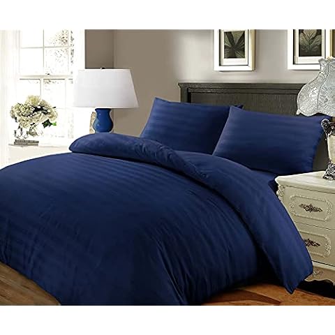 100% Egyptian Satin Stripe Cotton 400 Thread Count Beautiful Duvet Quilt Cover Set (King, Striped Navy Blue) Cover