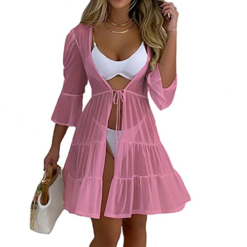 Kit 2 Saída de Praia Kimono Curto Aberta de Amarrar Manga Feminina - Branco/Rosa/G