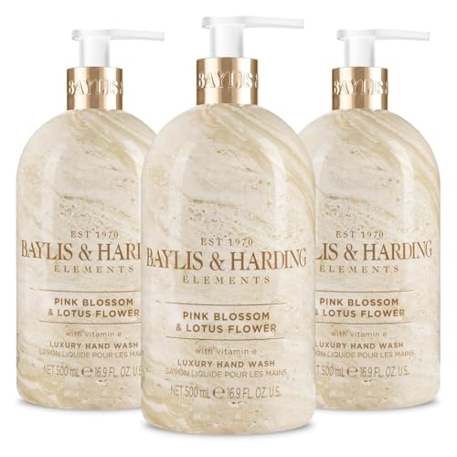 Baylis & Harding Liquid Hand Soap Wash with Dispenser, Elements, Pink Blossom & Lotus Flower, 16.9oz/500ml (3-Pack)