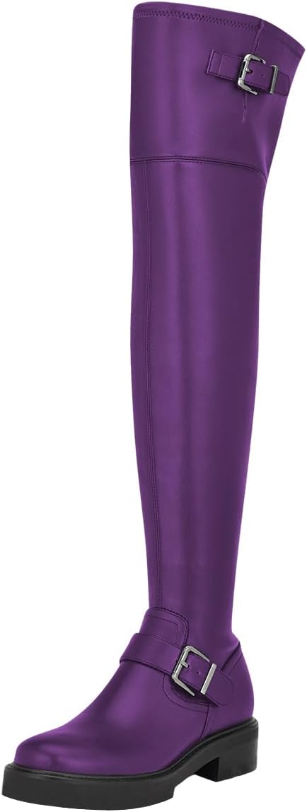 FOWT Women Platform Round Toe Over The Knee Boots Double Straps Chunky Low Heel Long Boots Side Zipper Comfy Shoes Size 4-16 US