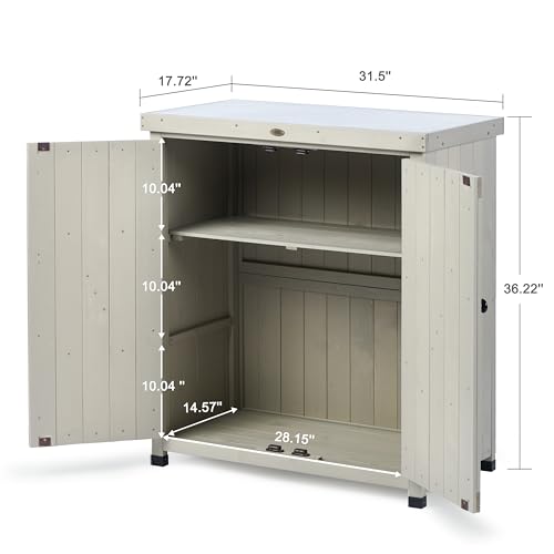 Outdoor Storage Cabinets Weatherproof for Patio, Garden Work Bench with Shelves & Metal Tabletop, Wooden Potting Table Workstation