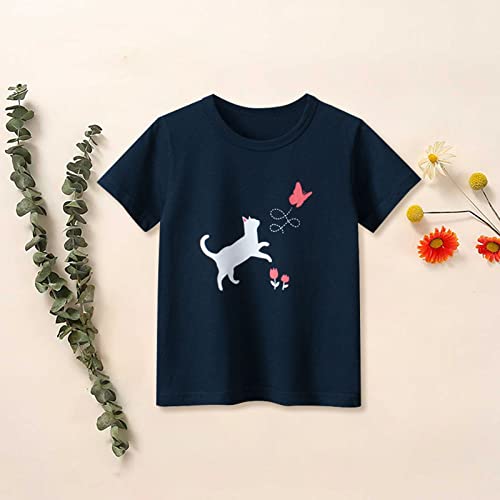 Girls Cute T-Shirt Cotton Short Sleeve Casual Tee Cat Butterfly Graphic Tee Toddler Kids Crewneck Summer Top Clothes3