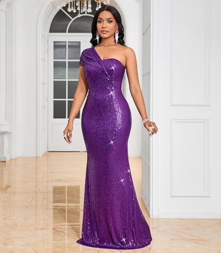 Image of Cololura Women Sexy Sequin One Shoulder Mermaid Formal Party Cocktail Gowns Bodycon Evening Maxi Dress