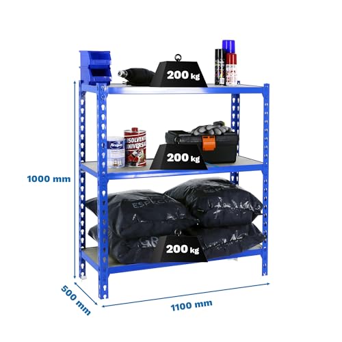 Simon Rack Schwerlastregal, 1000x1100x500 mm, Bis 200 kg Belastbar, 3 Verstellbare Ablagen, MDF-Platten, Kellerregal, Lagerregal, Blau/Holz - Maderclick