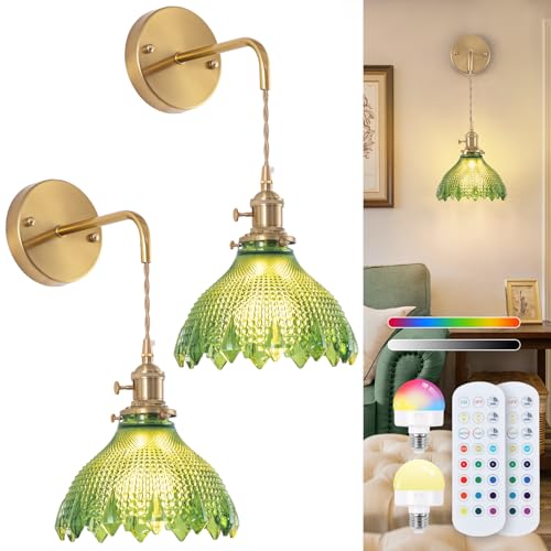 Image of Battery Operated Wall Sconce Set of 2, Rechargeable Battery-Powered Wall Light with Green Glass Lampshade,Wireless Indoor Wall Lamp with Remote Control for Living Room Bedroom