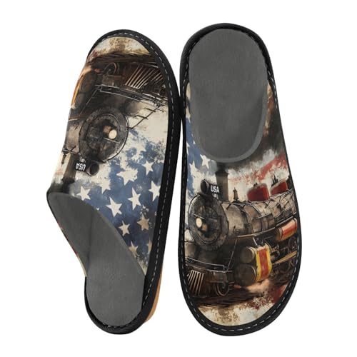 Vintage Train House Slippers Unisex, Warm Slipper Rubber Sole Memory Foam Indoor Outdoor 4-5