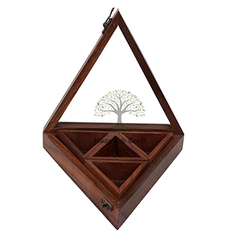 Image of Naayaab Craft Sheesham Wooden Masala Spice Box with Spoon - Anjarai Petti - Spice Box - Triangular Design