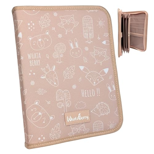 WhataBerry® Portadocumentos Bebé Premium | Porta Documentos Bebe 16 Apartados | Funda Carpeta Mini, Unisex y Elegante | Organizador Embarazo, Infantil, Familiar y Viaje | Beige 26x19x3cm