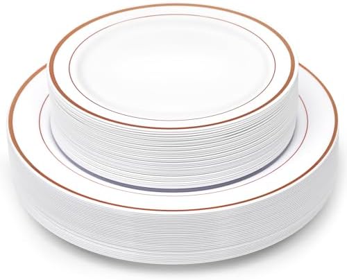 Homy Feel 60 pcs Round White Plastic Plates with Gold Rim - Includes 30 Dinner Plates & 30 Dessert Plates for Party Supplies image 5