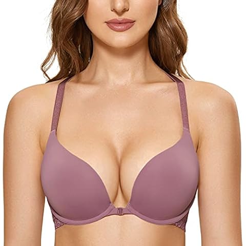 DOBREVA Women's Push Up Bra Front Fastening Racer Back Plunge Bras Padded Lace T Shirt Underwired Orchid Rose 38D Cover