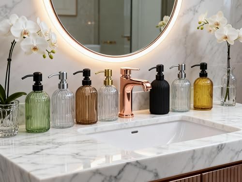 Image of 16Oz Green Glass Soap Dispenser with Rust Proof Bronze Stainless Steel Pump, Green Countertop Refillable Liquid Lotion Dispensers with Stainless Steel Pump, Oil Rubbed Bronze Soap Dispenser