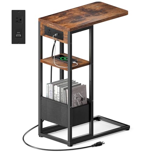 Yuede C Shaped End Table with Charging Station 3-Layer Sofa C Table Side Table Slide Under Sofa Desk Snack Tables with Storage Bag w/AC U-S-B Port & Socket Small Spaces Drink Tables for Living Room
