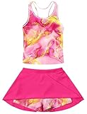Vogseek Girls Bathing Suit for Girl Size 9 10 Cute Rash Guard Swimsuits UPF 50+ Racerback Beach Tankini Sets 9Y 10Y Big Girl's 2-Piece Gold Red Marbling Swimwear with Skirt Summer Swim Boyshort