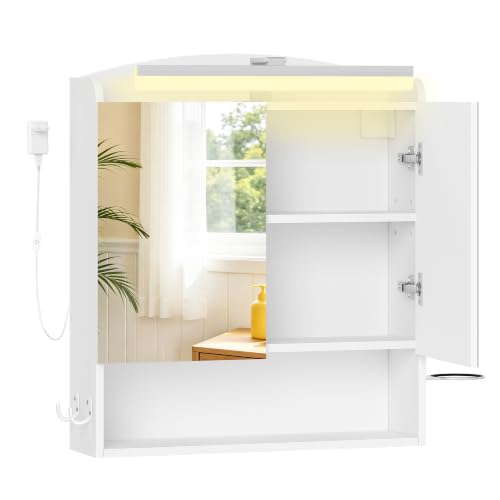 Miniatura 9 de Hzuaneri Armario De Baño, Con Espejo Y Luz Led, Mueble Espejo De Pared, Armario Baño Pared, Con Soportes Y Ganchos Para Secador De Pelo, Con Interruptor Y Enchufe, 16,5 X 60 X 68,5 Cm Blanco
