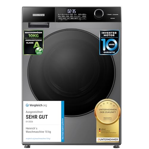 Heinrich´s Waschmaschine, Steam-Funktion, 10kg Mega Kapazität, 15 Programme, 1400 U/min., Aqua-Stop, LED-Display, Endzeitvorwahl, mit Kindersicherung, langlebiger und leiser Inverter Motor,Titan-Grau