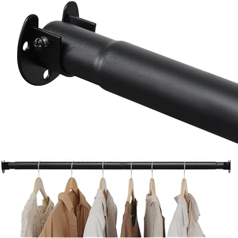 Closet Rods for Hanging Clothes, 16 to 83 Inches Adjustable Metal Closet Rod, Heavy Duty Closet Hanging Rod, 1.1” Diameter Clothes Rod for Closet Wardrobes Laundry RV, Black Cover