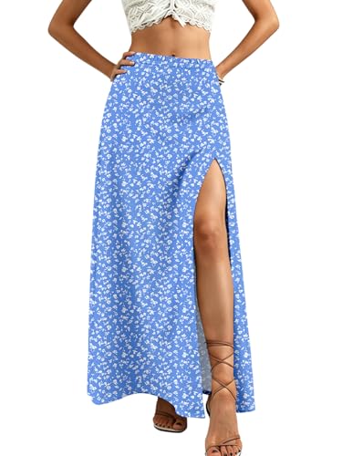 Women's Plus Size Floral Slit Maxi Skirts Beach Vacation High Waisted Long Skirt Blue Flower XL
