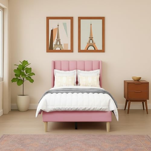 Image of Modern Upholstered Single Size Bed Without Storage | Single Size Bed for Bedroom with Headboard | Palang Furniture for Guest Room, Hotels and Home | Pink, (Pink)