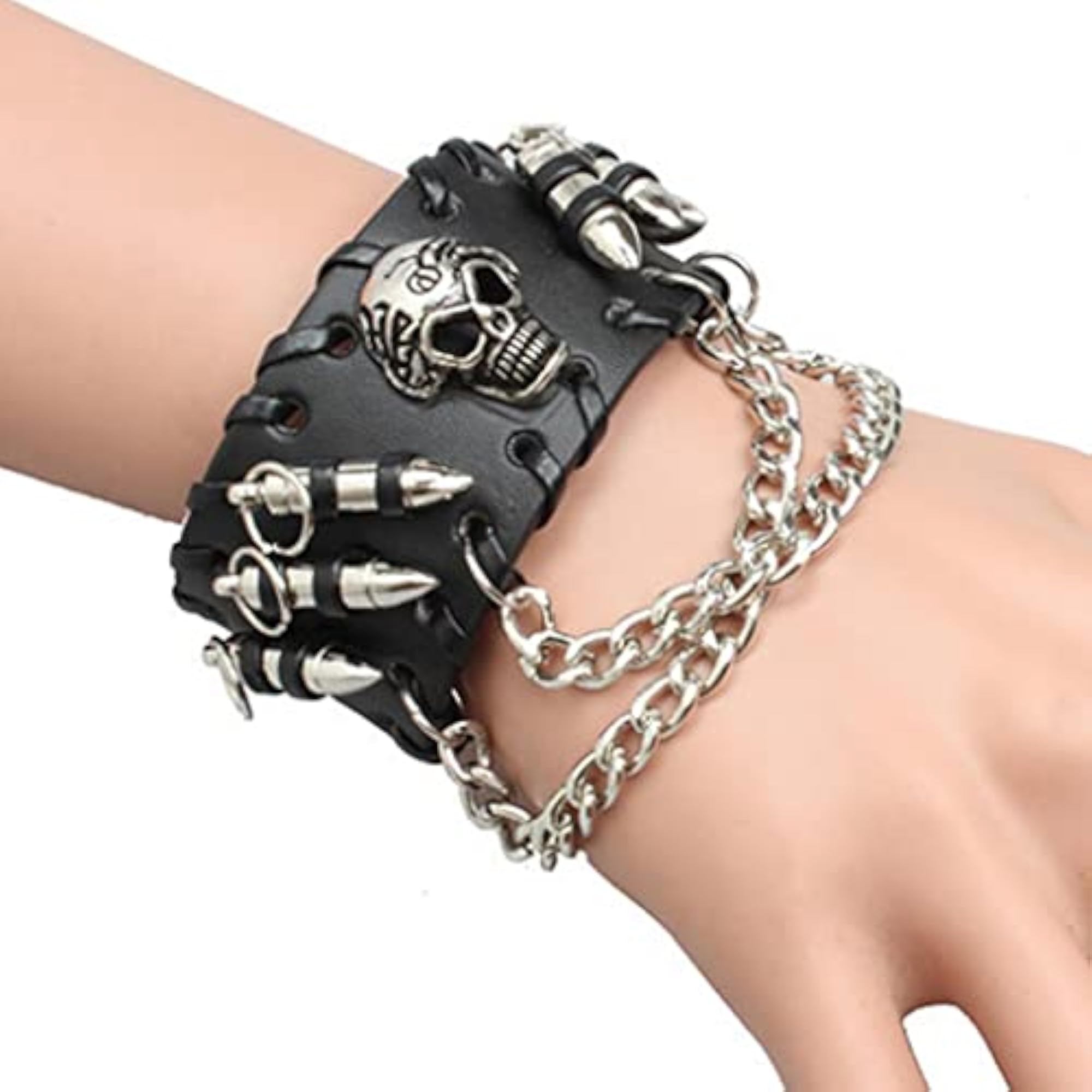 Men's Gothic Punk Style Black Leather Cuff Bracelet with Skull Design