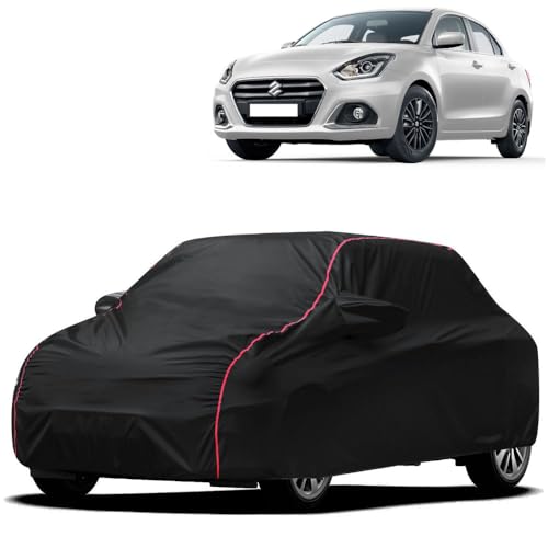 Image of Waterproof Car Cover for Maruti Suzuki Dzire | All-Weather Protection, Dustproof & UV Resistant | Triple Stitched Mirror Pockets, Windproof Buckle Strap with Elastic Hem, Black-Red Piping