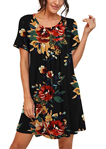 Image of PrinStory Nightgowns for Women Short Sleeve Night Gowns Pleated Sleep Shirt Ladies Nightshirt Soft Sleepwear