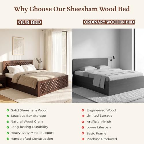 Image of WOODLAB Furniture Sheesham Wood Niwar Queen Size Bed with Box Storage Wooden Double Bed Palang for Bedroom Living Room (Walnut Finish)
